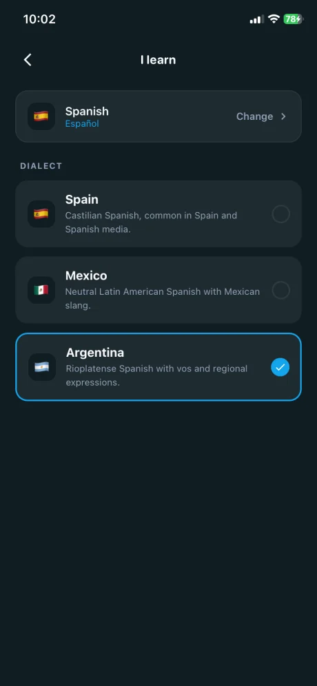 Language dialect selection screen with regional Spanish options
