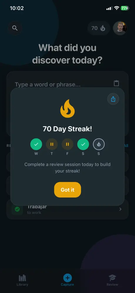 Palabrium streak modal over the capture screen