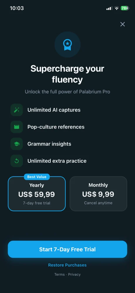 Pro upgrade screen showing premium learning benefits